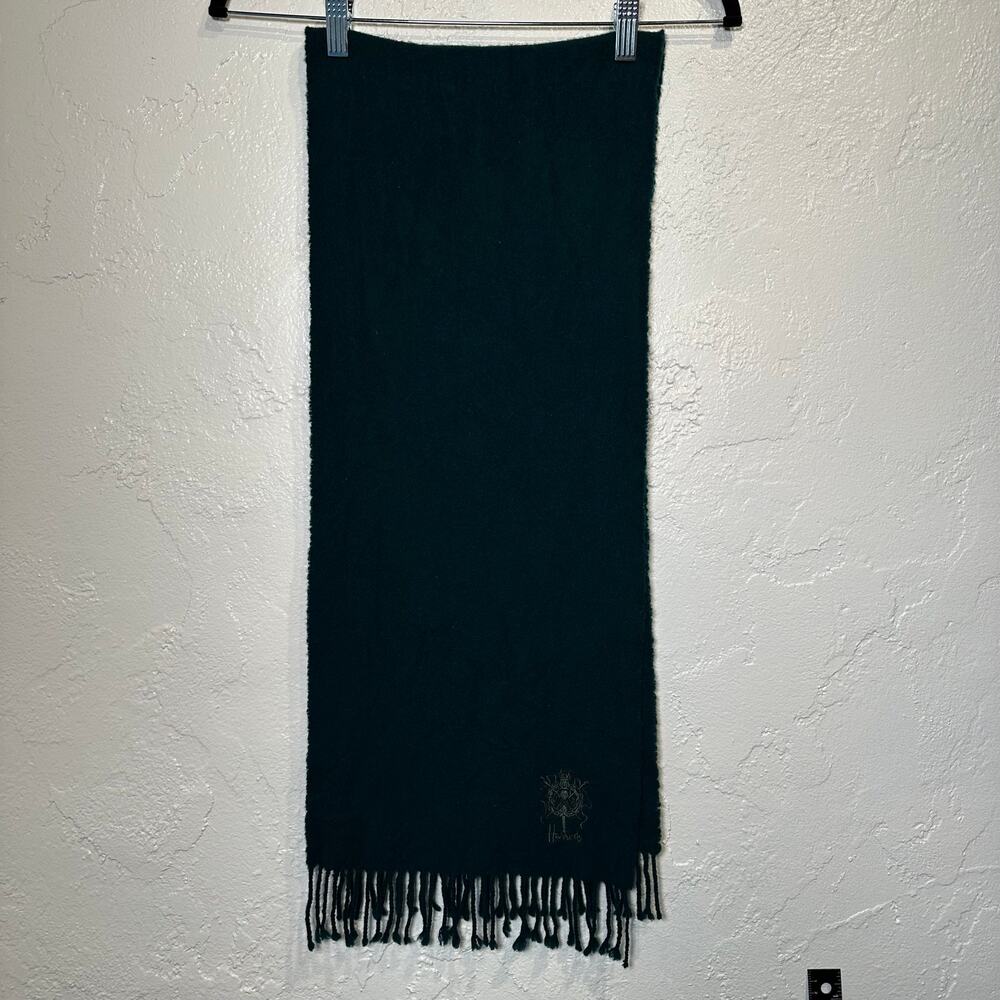 Harrods Knitsbridge Scotland 100% Lambswool Scarf Hunter Green Embroidered Logo
